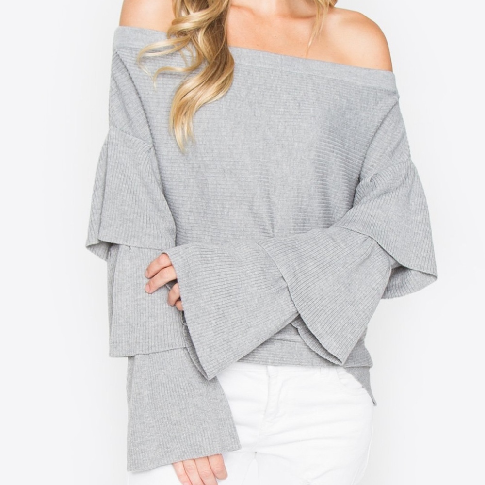 Sugarlips Off the Shoulder Grey Sweater Tiered Sle